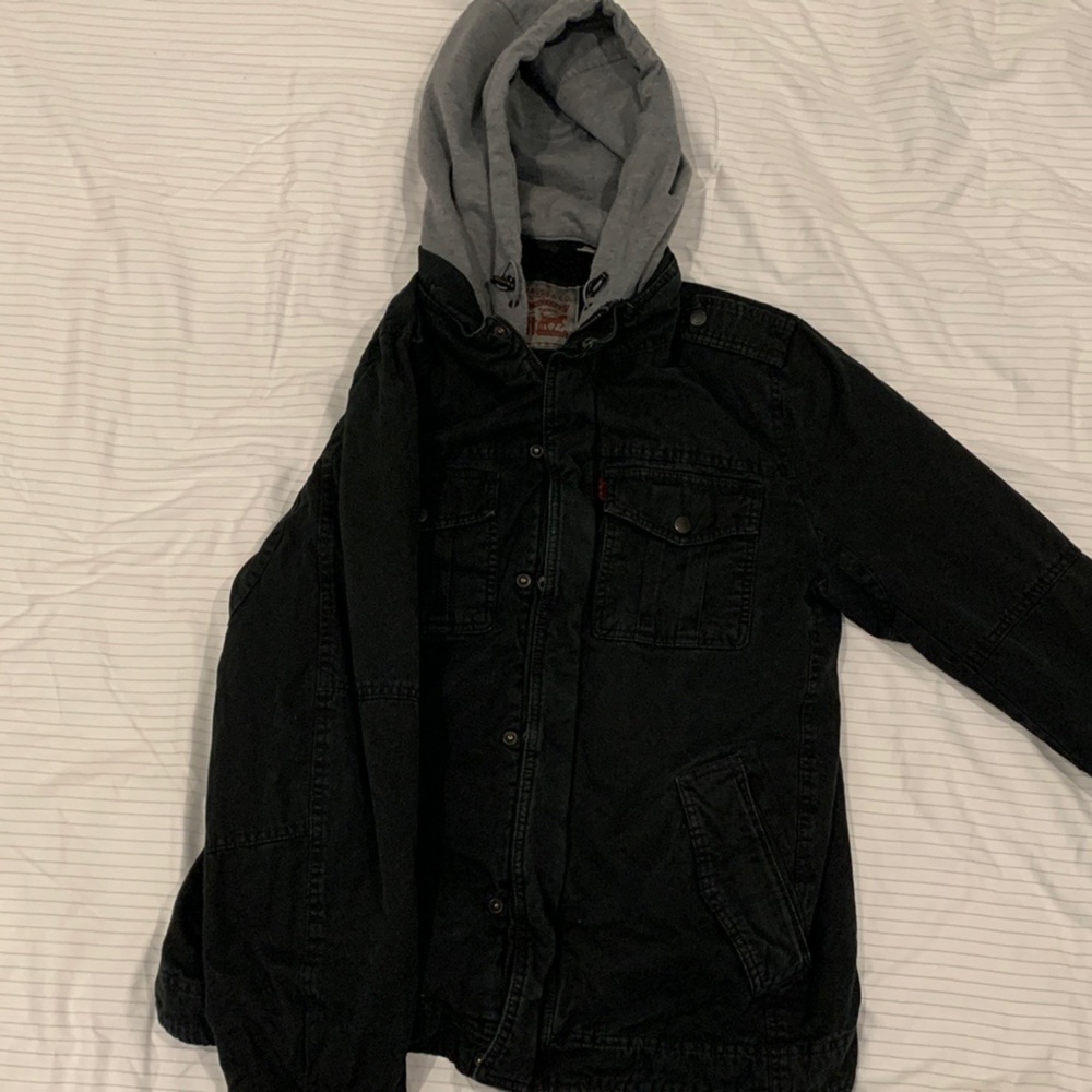 LEVI STRAUS Black Fleece-Lined Winter Work Jacket with Removable Grey Hood
